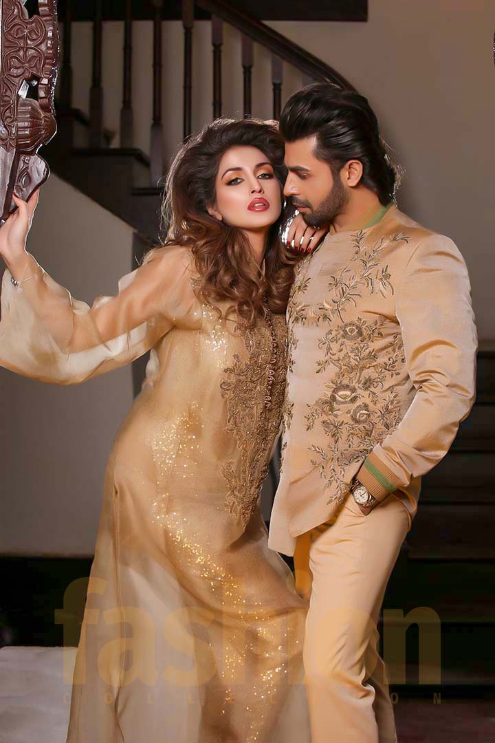 Fashion_Collection_Iman Aly and Farhan Saeed For Tich Button Golden Dress
